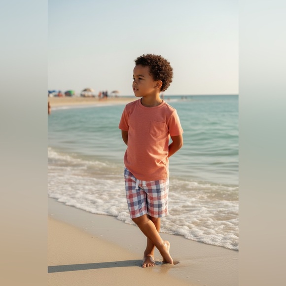 Janie and Jack Other - NWT- Janie and Jack Coral Pocket Tee with Plaid Shorts Set